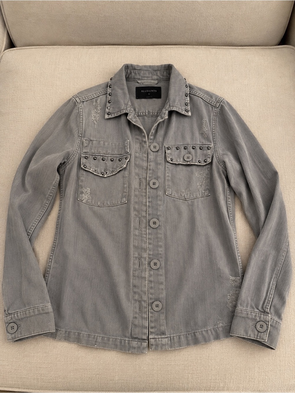 AllSaints Grey Stud-Trim Denim Utility Jacket Size S